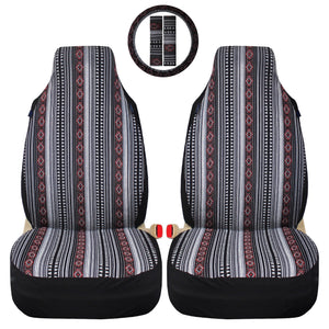 Inca Woven Blanket Stripes Ethnic Universal Car Seat Covers Full Set, Steering Wheel Cover and Seat Belt Comforters for Vehicles