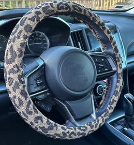 Leopard Cheetah Beige Car Steering Wheel Cover, Animal Print Car Accessories, Gift for Her/Him
