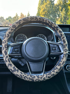 Leopard Cheetah Beige Car Steering Wheel Cover, Animal Print Car Accessories, Gift for Her/Him